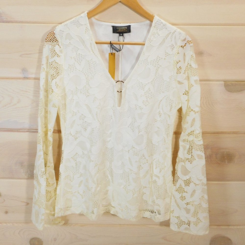 Alexia Admor Size S Cream Lace Top V-Neck Bell Sleeve Blouse Lined